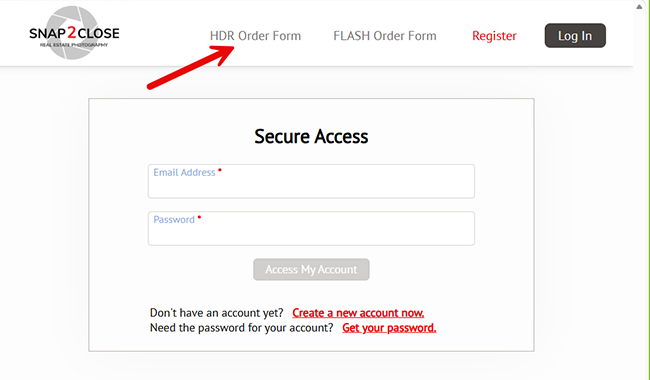 Snap2Close Real Estate Photography portal login screeb.