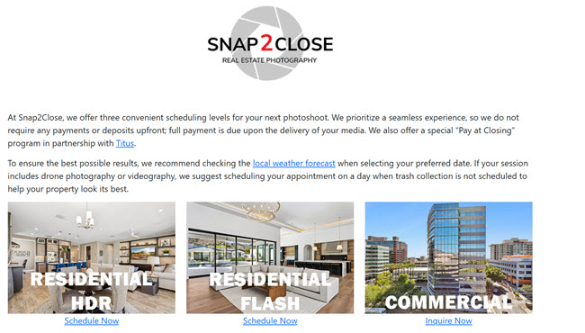 Snap2Close Real Estate Photography Order Screen.
