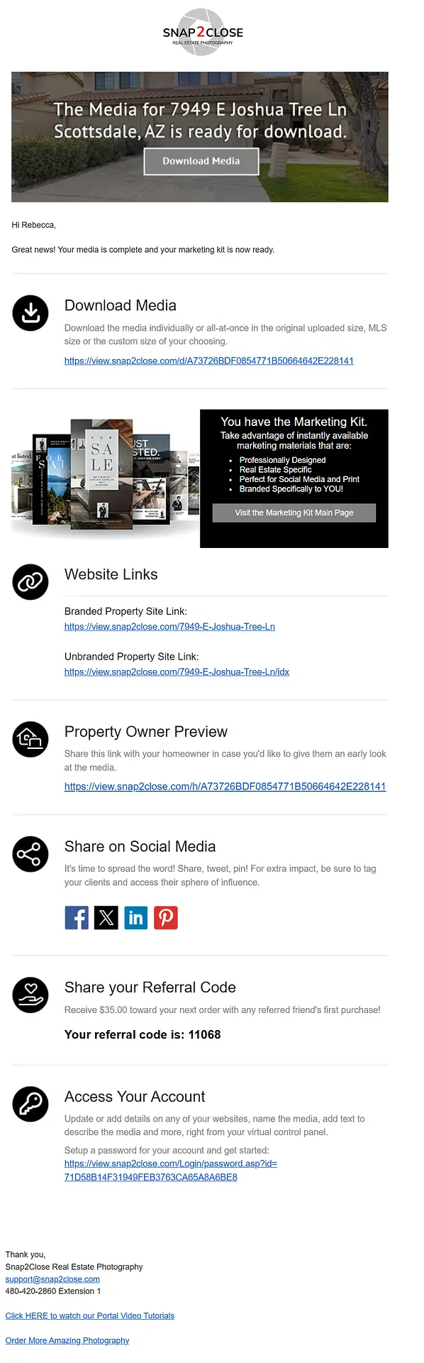 Sample of Snap2Close Real Estate Photography Delivery Email.