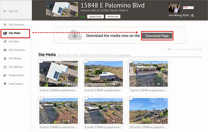 Media Summary screen on the Snap2Close Real Estate Photography Dashboard.