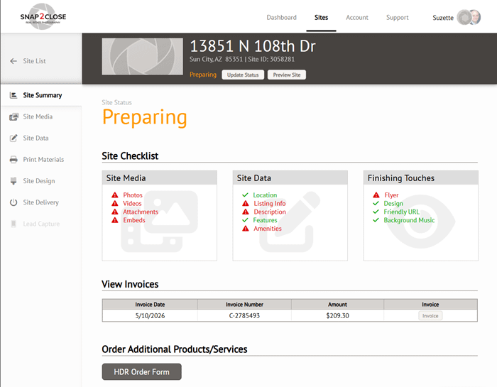 Site Summary on Snap2Close Dashboard.