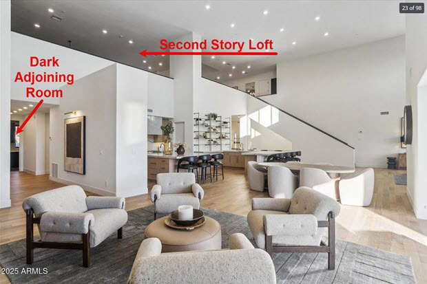flambient photography has lighting issues in large and adjoining rooms.